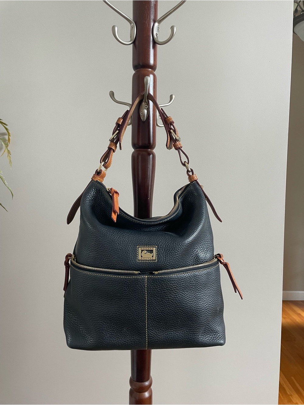 Dooney & Bourke Black Pebbled Leather Shoulder Bag with Brown Trim